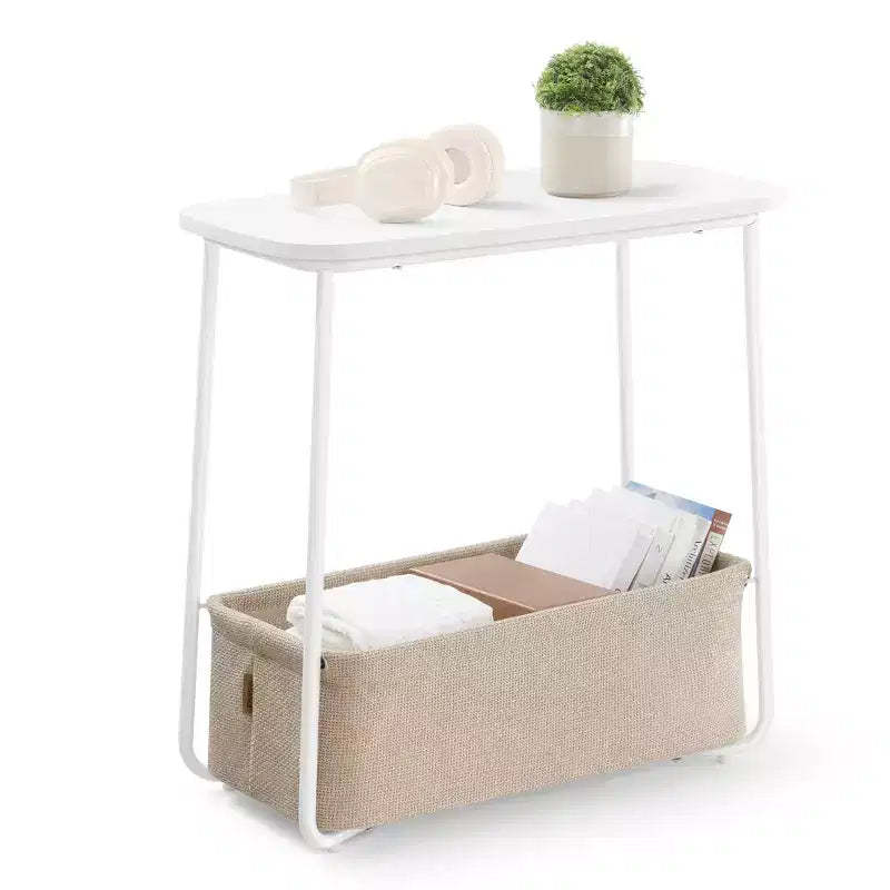 Modern Nightstand with Fabric Basket Small Bedside Table, End Table, Rectangular Side Table for Living Room, Bedroom Matte White and Camel Brown