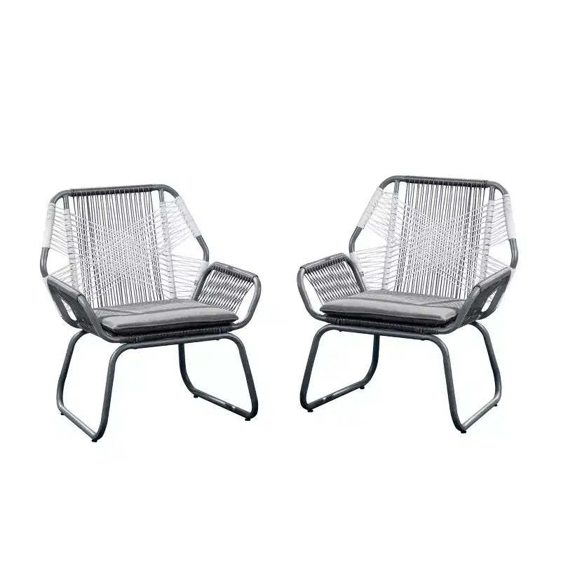 GDFStudio Aiden Outdoor Wicker and Steel Club Chairs with Cushion (Set of 2), Gray and White