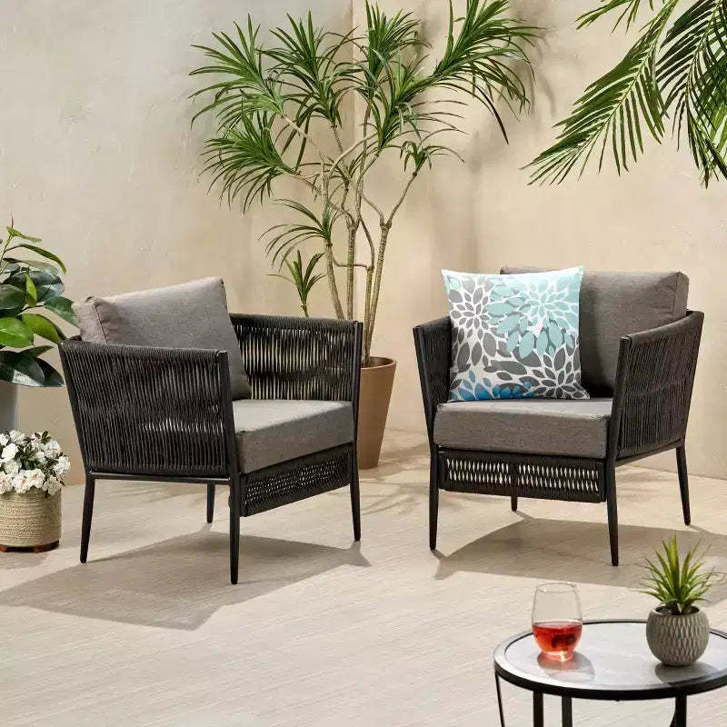 GDFStudio Sefora Outdoor Aluminum and Rope Club Chairs with Cushions (Set of 2), Black/Gray