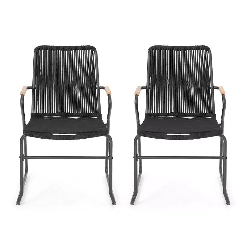 GDFStudio Miriam Outdoor Iron and Rope Weave Club Chairs (Set of 2), Black