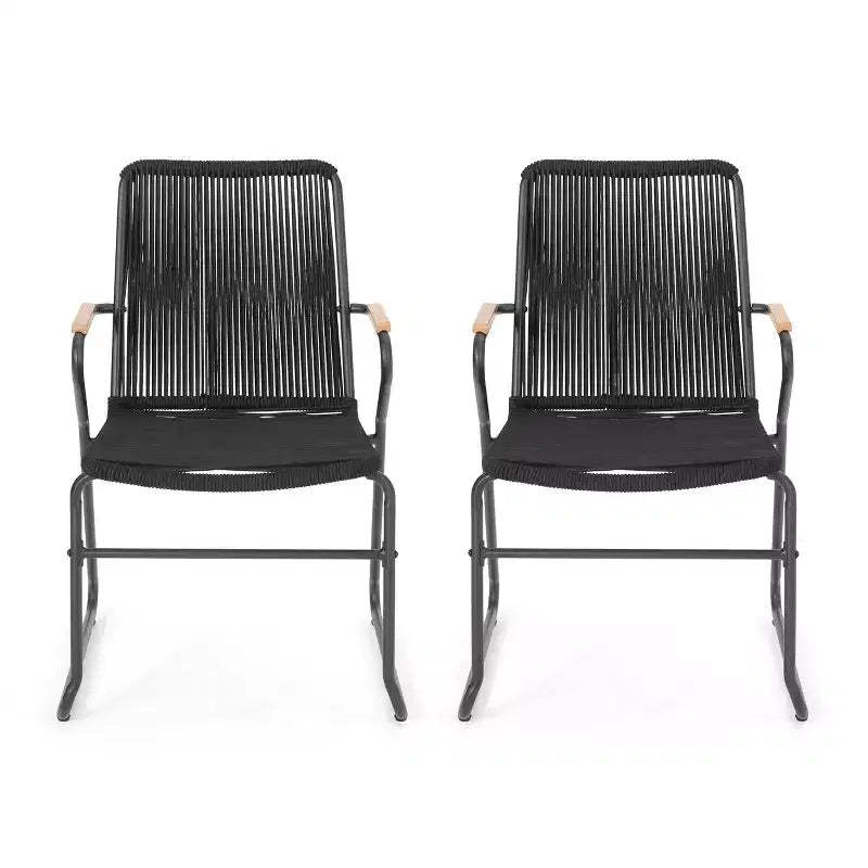 GDFStudio Miriam Outdoor Iron and Rope Weave Club Chairs (Set of 2), Black