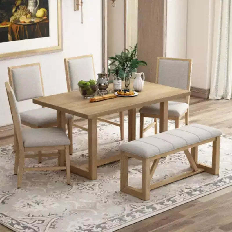 6-Piece Retro Dining Set, 1 Rectangular Table with Designed Trestle Base and 4 Upholstered Chairs and 1 Bench for Dining Room and Kitchen