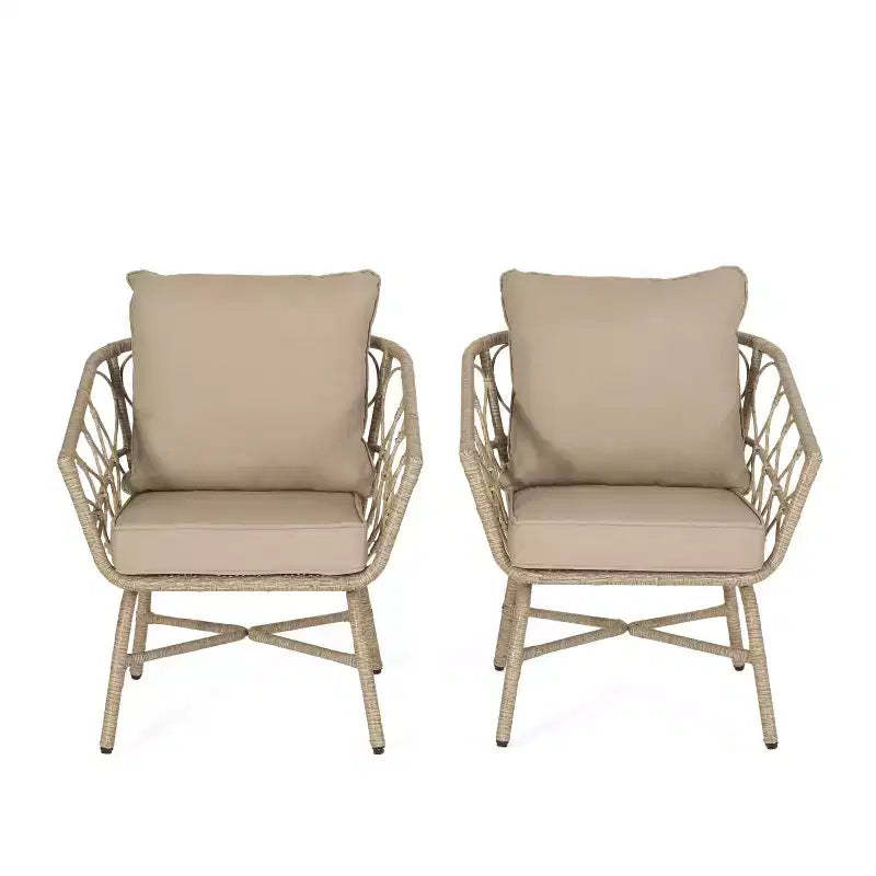 GDFStudio Colmar Outdoor Wicker and Iron Club Chairs with Cushions (Set of 2), Light Brown/Beige