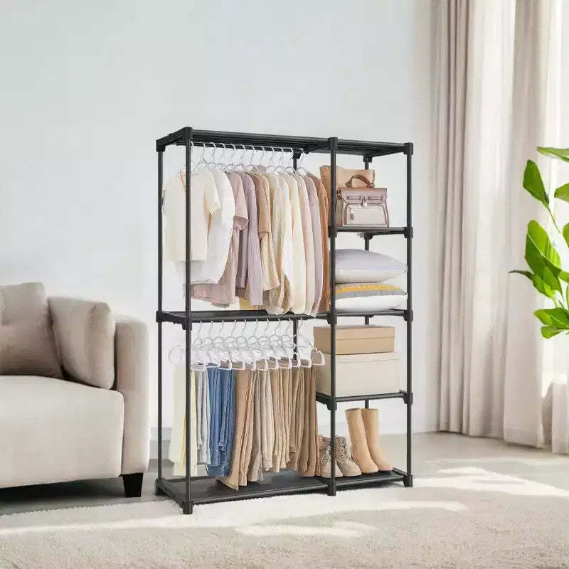 Portable Closet Organizer Freestanding, 44.1 x 16.9 x 65 In Clothes Rack System with Shelves and Hanging Rods for Bedroom and Cloakroom
