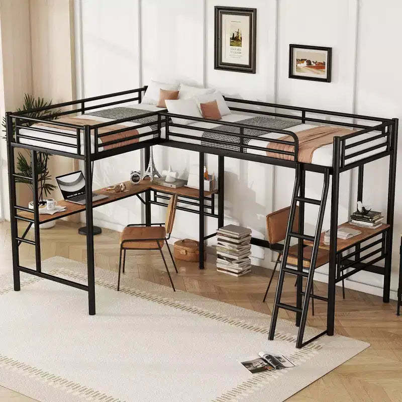 Whisen 117.9''L x 77.9''W x 68.1''H Twin Size Metal Loft Bed with 2 Built-in Desks and 2 Ladders - Black