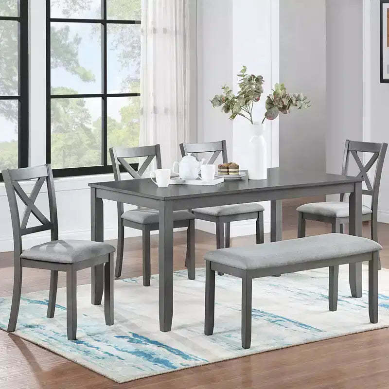 6-Piece Dining Set: Rectangular Wood Table, 4 Upholstered Chairs, Bench for Home Kitchen, Living Room, Bar