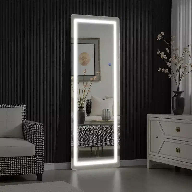LED Aluminum Frameless Silver Full-Body Mirror with Round Corners