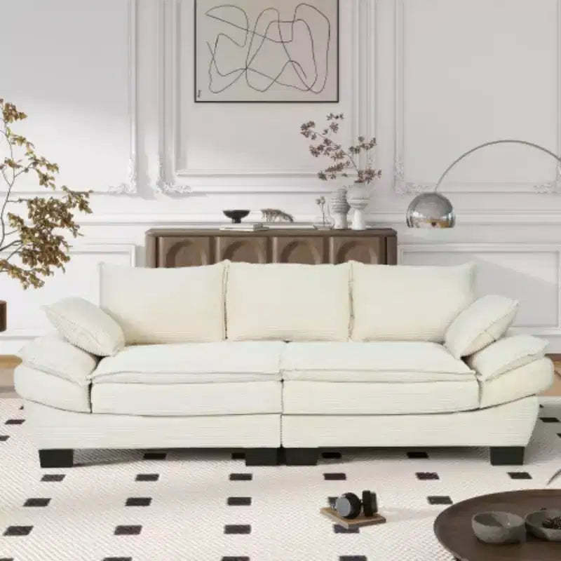 Modern Curved Sofa, Back Upholstered Couch with 2 Decorative Throw Pillows, Corduroy Fabric Couch for Living Room, Bedroom , Apartment