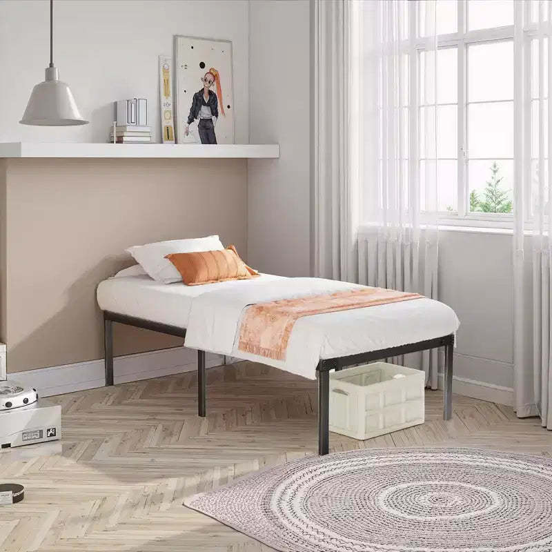Twin size heavy metal bedstead, with strong steel plate support, does not need box spring