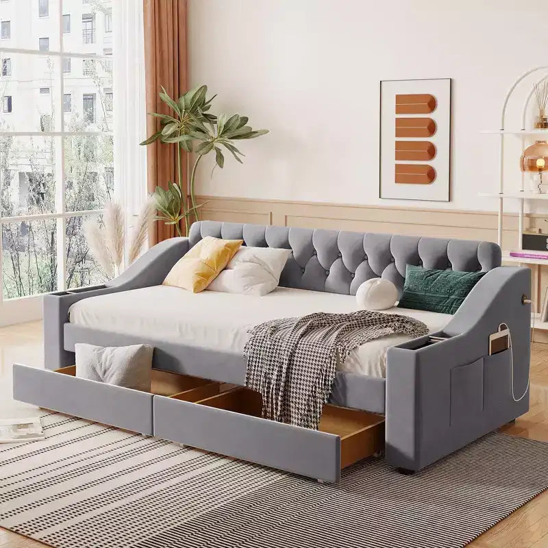 Daybed with Upholstered Storage Armrests & USB Port - Stylish & Convenient