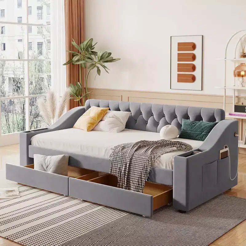 Daybed with Upholstered Storage Armrests & USB Port - Stylish & Convenient