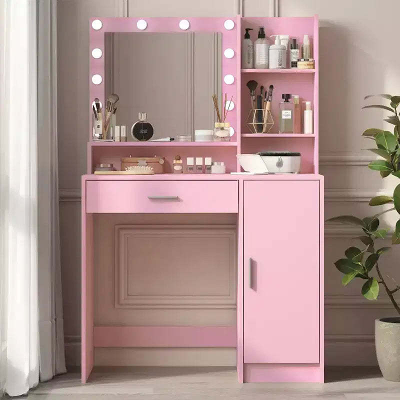 Modern Vanity Desk with Mirror & 3 Modes Light, Dressing Table with Drawer and Three Level Storage Cabinet, Pink - ModernLuxe