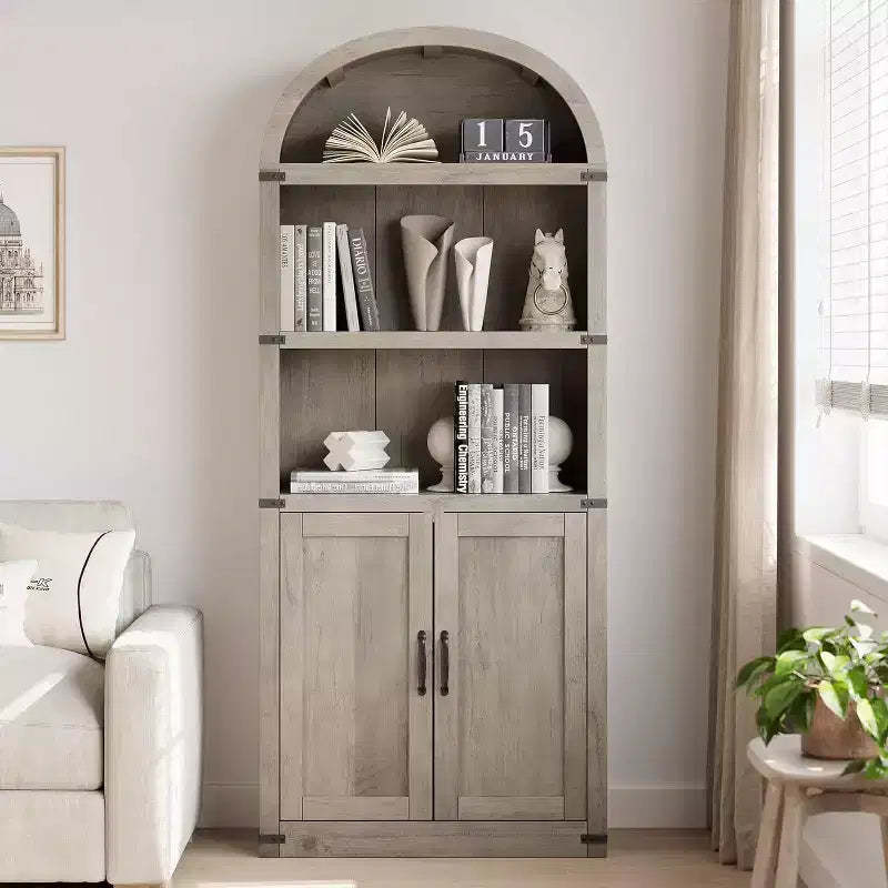 5 Shelf Arched Bookshelf with Doors Tall Bookcase Farmhouse Display Storage Rack Wooden Bookshelves for Home Office, Living Room