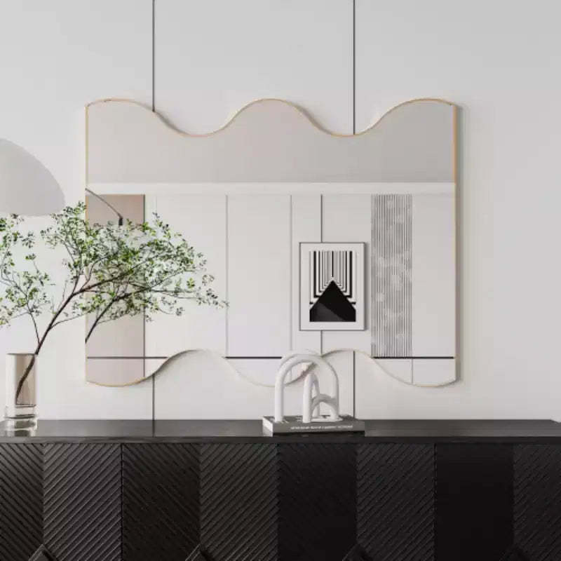 Golden 30x35 Rectangular Wall Mirror with Wavy Metal Frame for Bathroom, Living Room, Bedroom