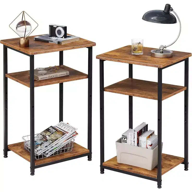 DEXYLLO Side Tables Set of 2, Small End Table, Adjustable 3-Tier Bedside Table with Sturdy Metal Frame, Tall Nightstand for Bedroom, Living Room