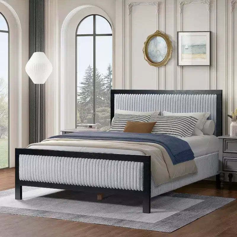Queen/King Size Upholstered Platform Bed Frame with Fluffy Soft Headboard, Grey+Black-ModernLuxe