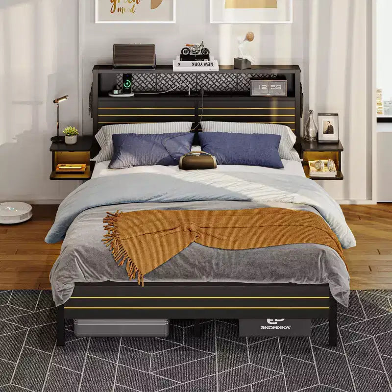 Bestier Bed Frame with Storage Headboard, Metal Platform Bed with Power Outlet & Beside Shelves, Mattress Foundation with Steel Slat Support