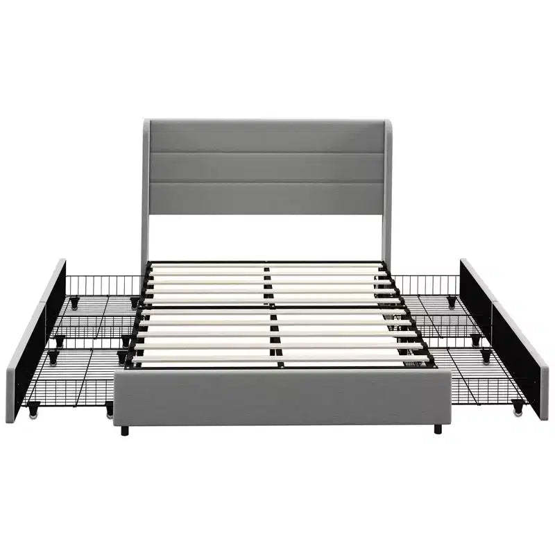 HOMCOM Bed Frame with Headboard, Upholstered Platform Bed Frame with Storage Drawers, Wood Slats, Noise-Free and Easy Assembly, Light Gray
