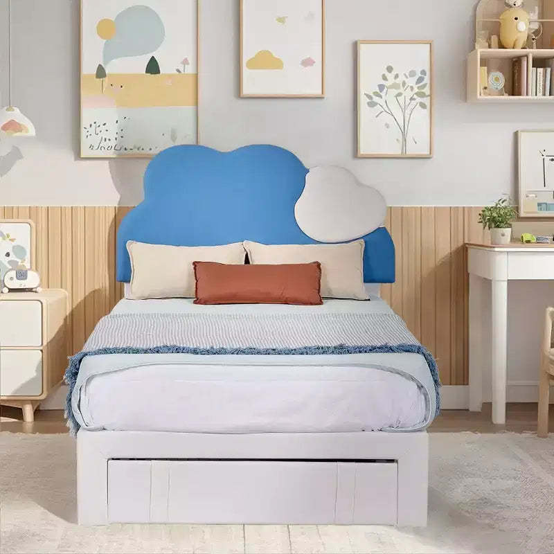 VECELO Upholstered Bed Frame for Kids, Twin Size Bed with Storage Drawer, Platform Bed with Cloud-Shaped Headboard, Blue