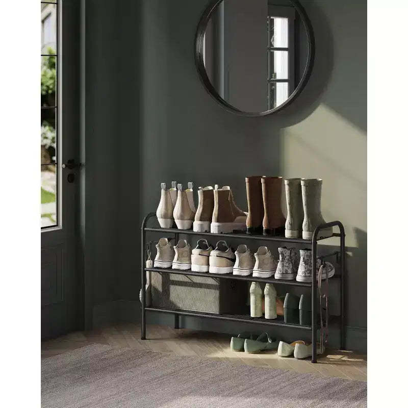 SONGMICS Shoe Rack, 3-Tier Shoe Organizer, Metal Shoe Shelf Storage with 4 Side Hooks, Holds 15 Pairs of Shoes, Height-Adjustable Shoe Rack, Ink Black