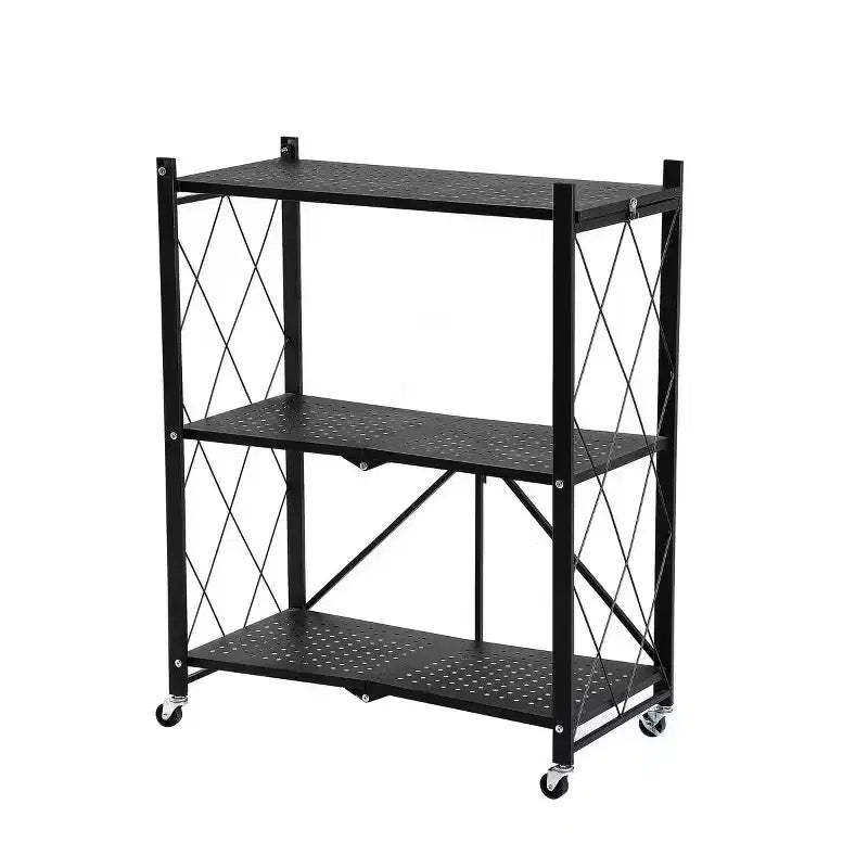 J&V TEXTILES Foldable Storage Shelf with Wheels - Metal Collapsible Shelving Unit Display, Rolling Cart for Books Kitchen Storage Shelves