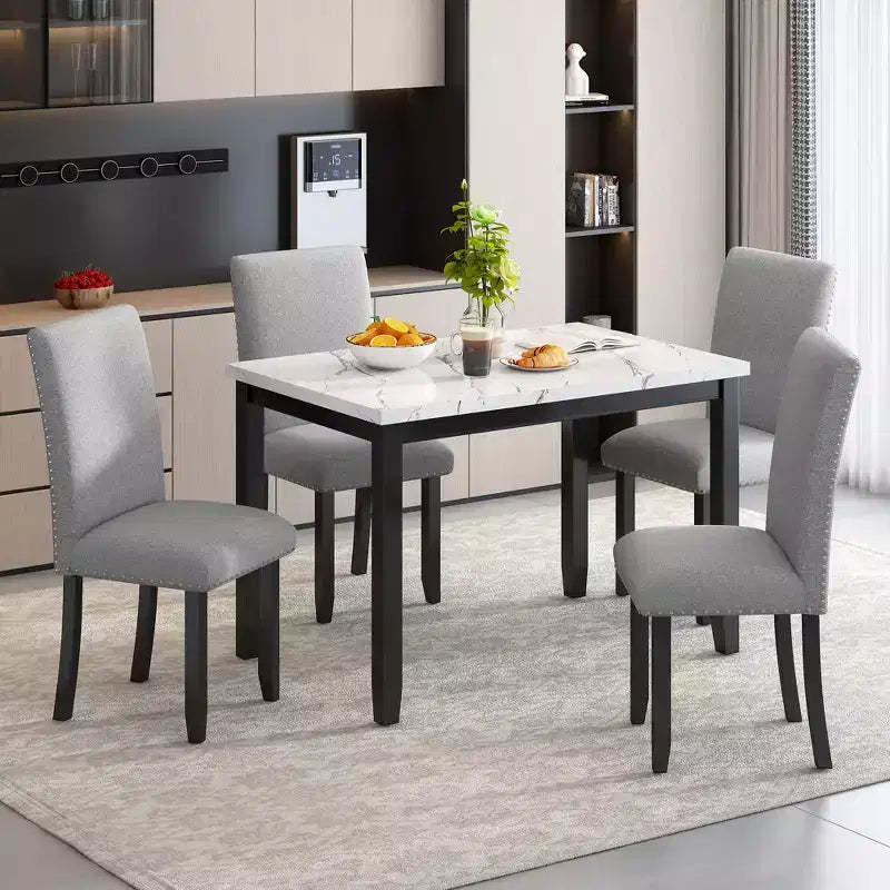 5-Piece Dining Table Set Dining Set with Faux Marble Dining Table, 4 Thicken Cushion Dining Chairs, Gray/White-ModernLuxe