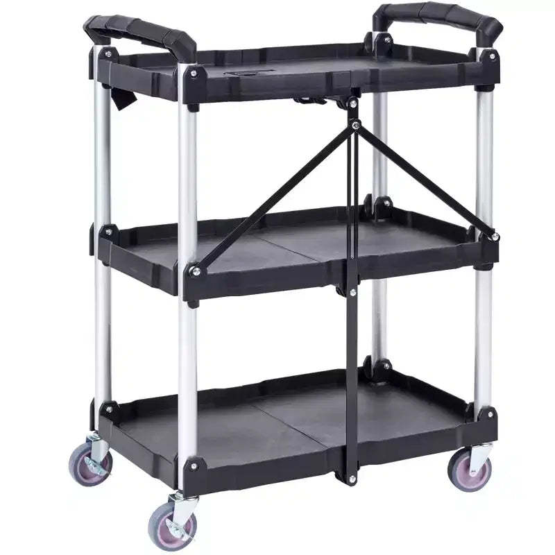 VEVOR Foldable Utility Service Cart, 3 Shelf 165LBS Heavy Duty Plastic Rolling Cart , Portable Garage Tool Cart for Warehouse/Office/Home