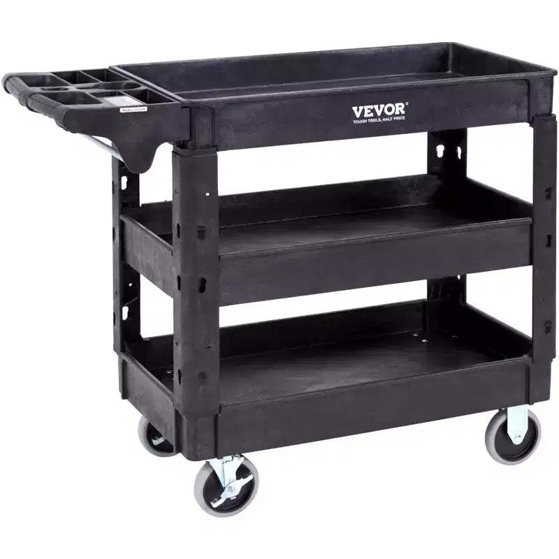 VEVOR Utility Service Cart, 3 Shelf 550LBS Heavy Duty Plastic Rolling Utility Cart with 360 Swivel Wheels (2 with Brakes)