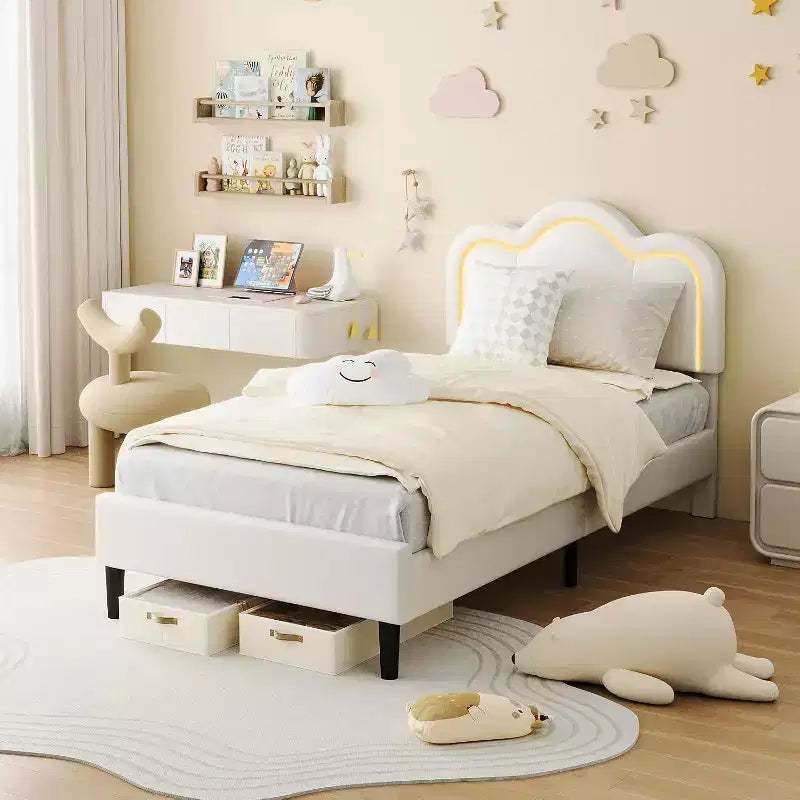 Twin Upholstered Smart LED Bed Frame with Adjustable Hills Headboard, PU Leather Platform for Kids, Beige
