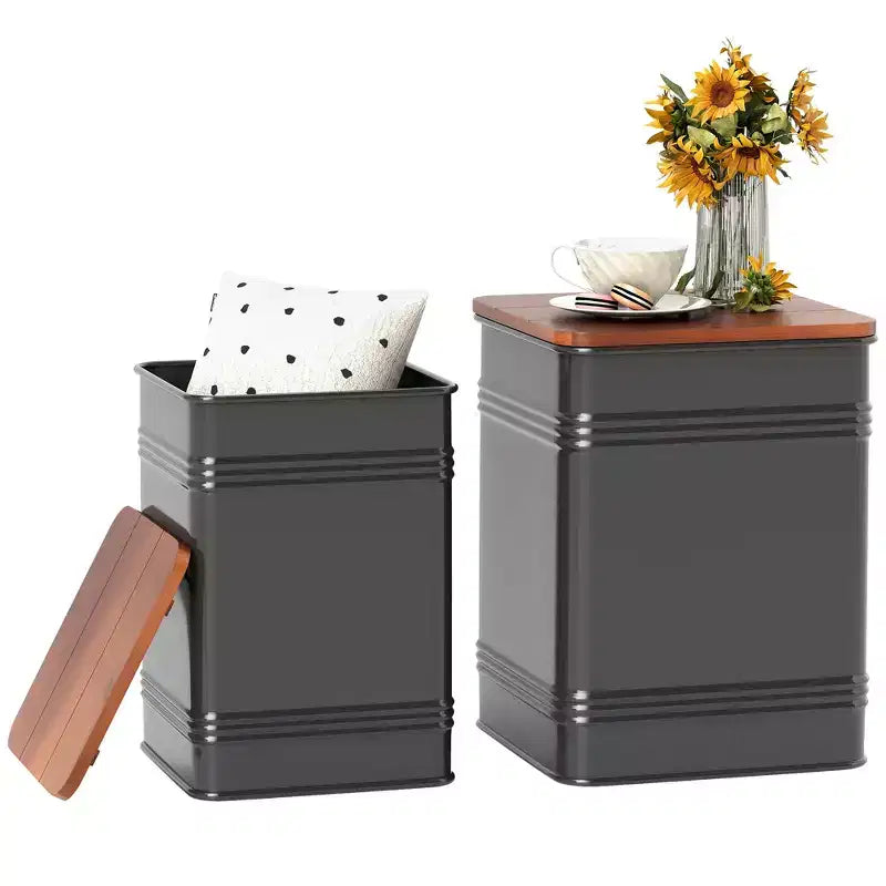 HOMCOM Ottoman with Storage Set of 2, Industrial Nesting Ottoman Stool with Removable Lid and Metal Frame, Side Table for Living Room, Black