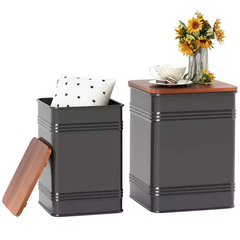 HOMCOM Ottoman with Storage Set of 2, Industrial Nesting Ottoman Stool with Removable Lid and Metal Frame, Side Table for Living Room, Black