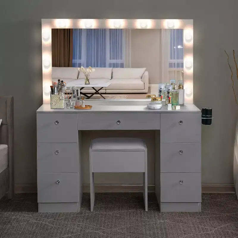 Vanity table with Mirrors, LED Lights, Makeup Table with 7 Drawers & Stool
