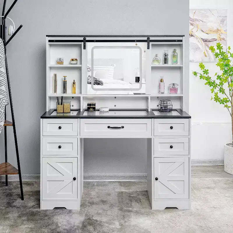 Home Imports Emporium Vanity Desk with Adjustable Sliding Mirror and Lights in White