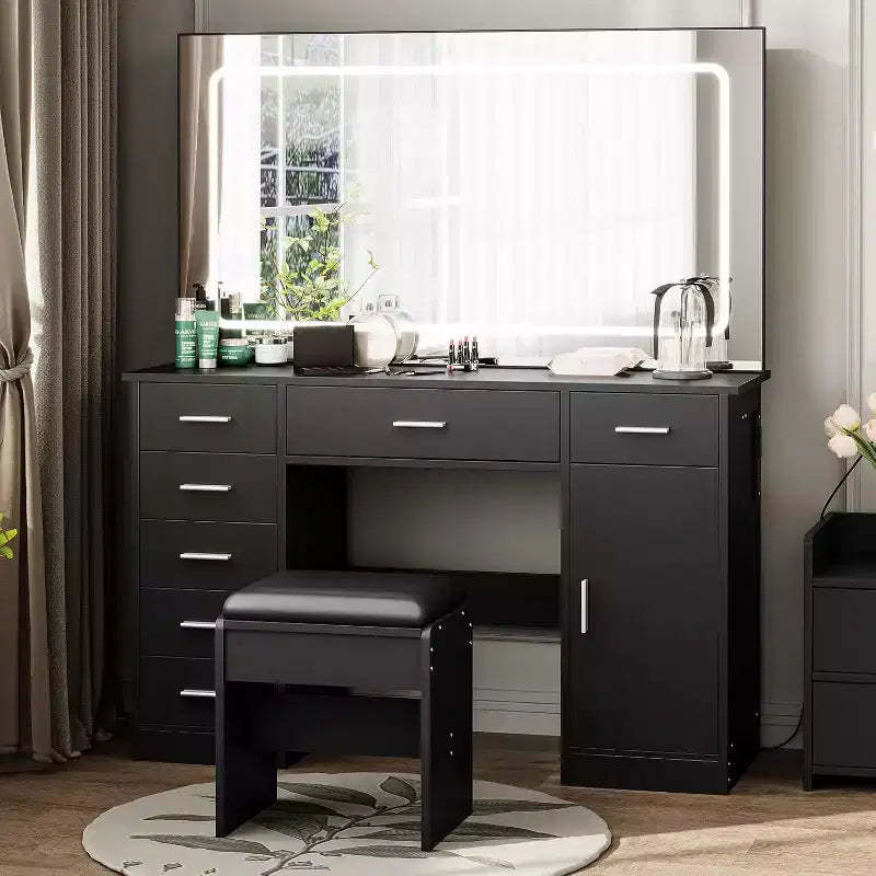 Vanity Desk with Large Mirror and Lights, Makeup Vanity with Power Outlet, 7 Drawers & Cushioned Stool, 3 Lighting Color Adjustable