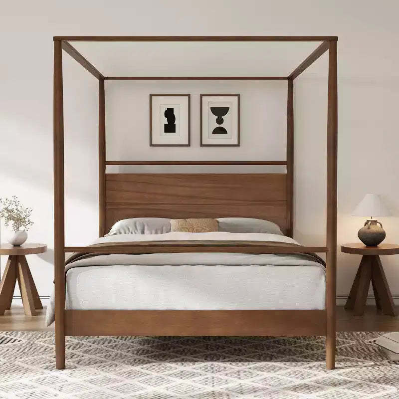 Full/Queen/King Size Platform Bed Frame Canopy Bed with Four Posters, No Box Spring Needed, Brown-ModernLuxe