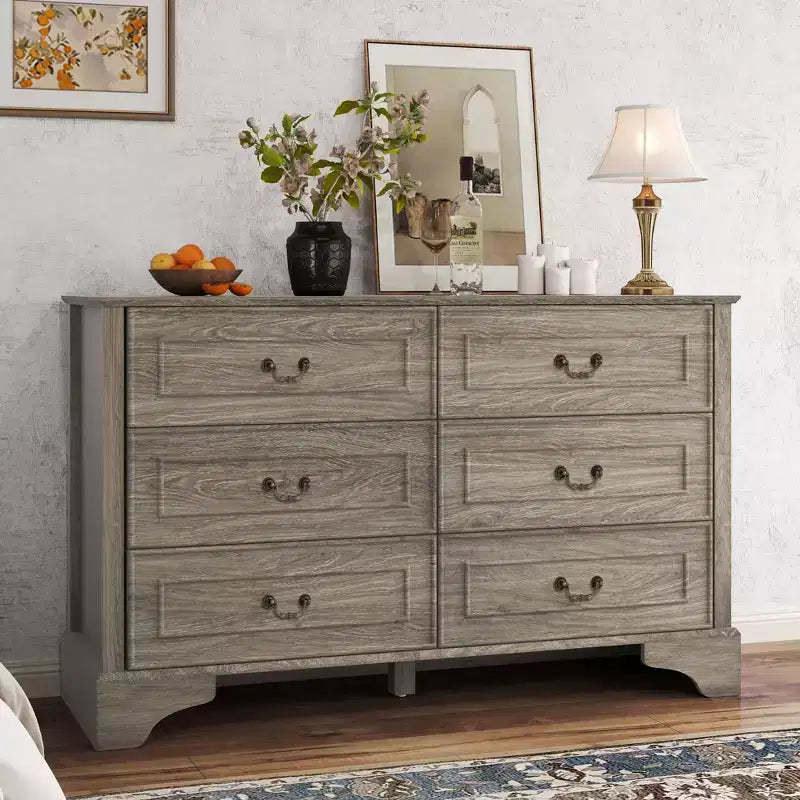 47'' Farmhouse 6 Drawers Dresser for Bedroom, Wide Rustic chests of Drawers with Natural Texture, Gray