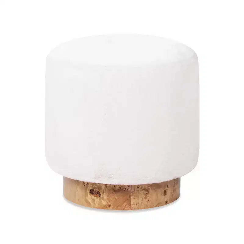 Jennifer Taylor Home Tilly 16.5 Round Fur Upholstered & Burl Pouf Ottoman, Cottontail White Faux Fur