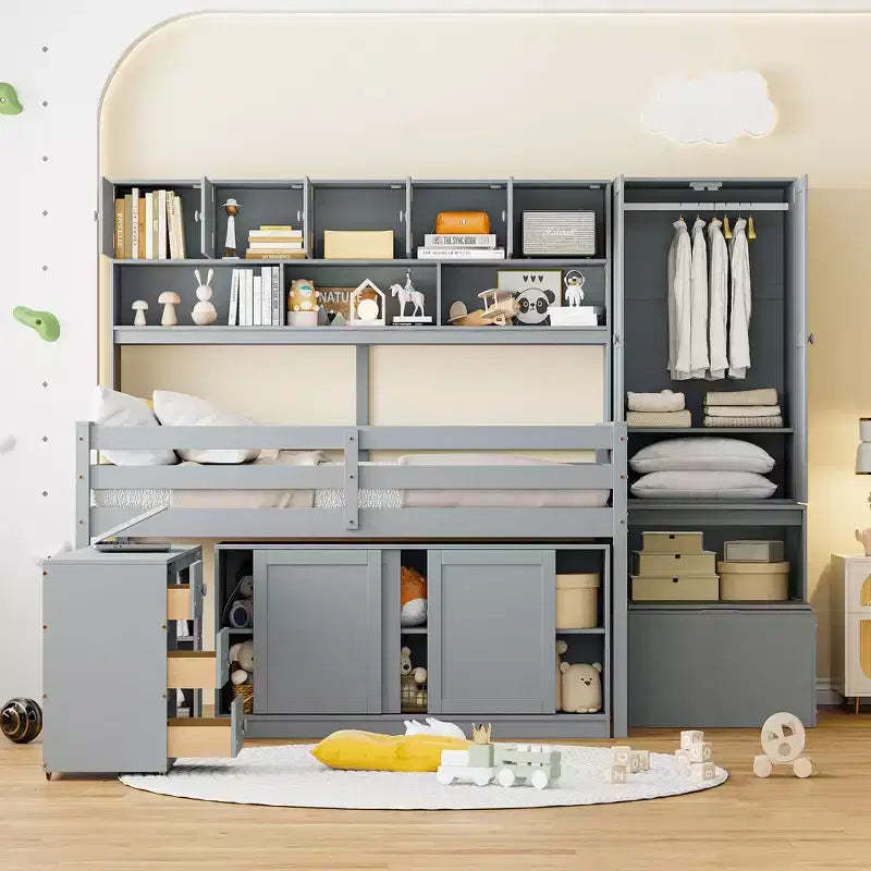 Whisen 108.2L x 42W Modern Design Loft Bed with Wardrobe, Desk, Drawers and Shelves