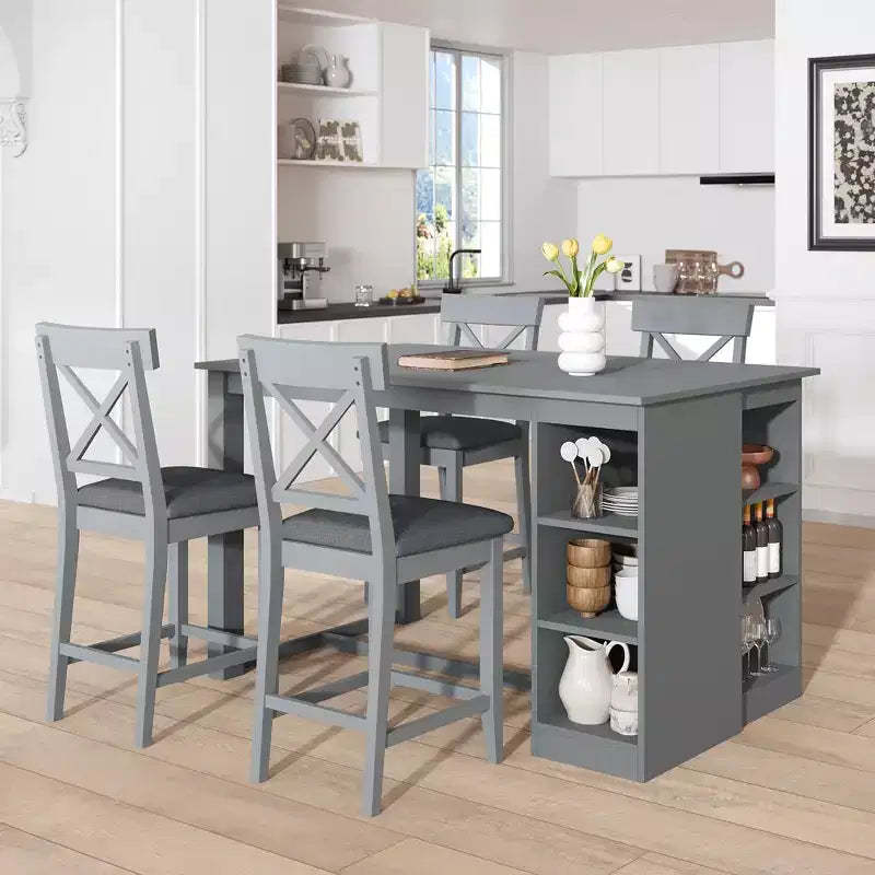 5 Piece Farmhouse Counter Height Dining Table Set Dining Set with 4 Upholstered Dining Chairs and 3-Tier Storage Shelves,Gray/Natural+White-ModernLuxe