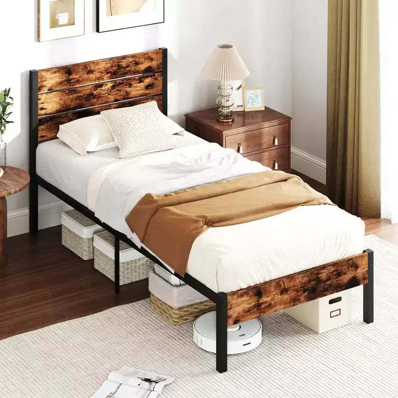 Costway Twin/Full/Queen/King Bed Frame with Tall Industrial Headboard Heavy-Duty Metal Slats Support Brown