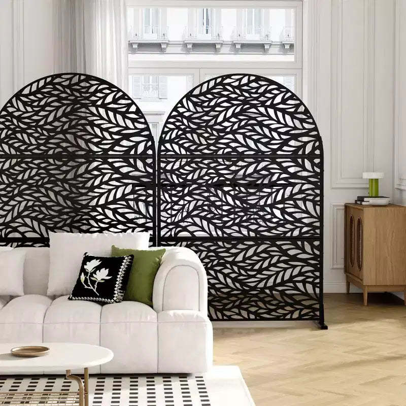 Spring Flow Leaf 01 Black Arched Galvanized Steel Screen 183x120x40cm
