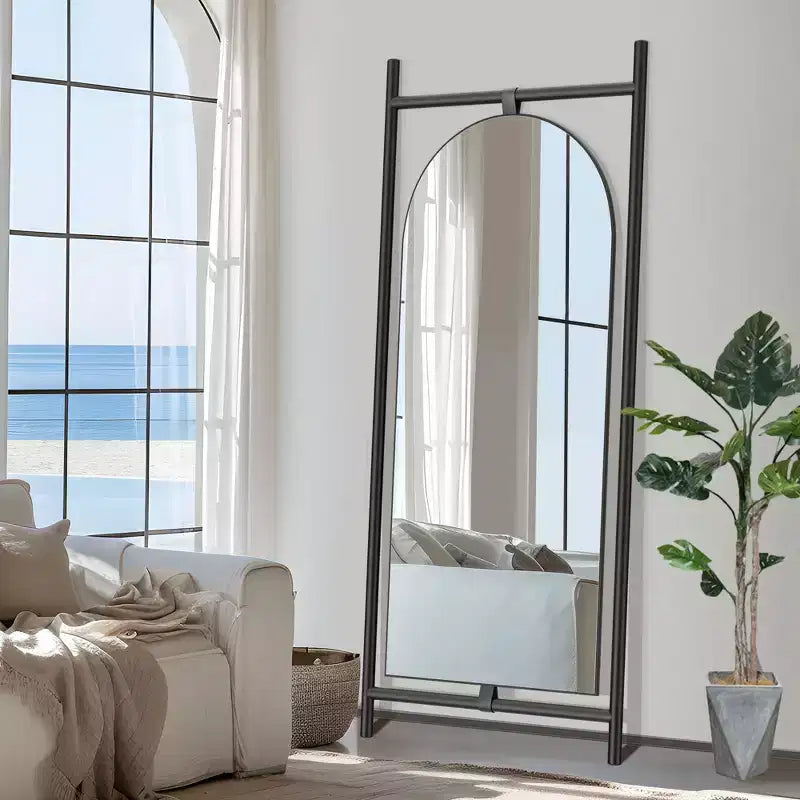 Solid Wood Ladder Embedded Arched Black Full-Length Mirror 190x80x4cm (No Stand)