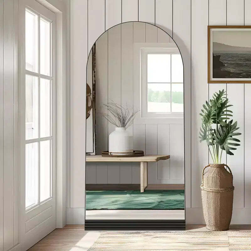 Wooden base stripe right angle arch black full-length mirror 180x80x2cm (no stand)