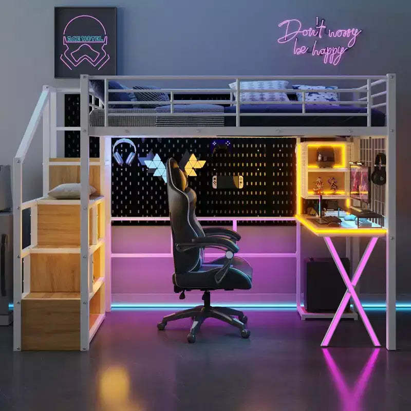 Whisen 94''L x 40.9''W Metal Loft Bed with Built-in Work Station, Wardrobe, Storage Staircase and LED, Safety Guaranteed