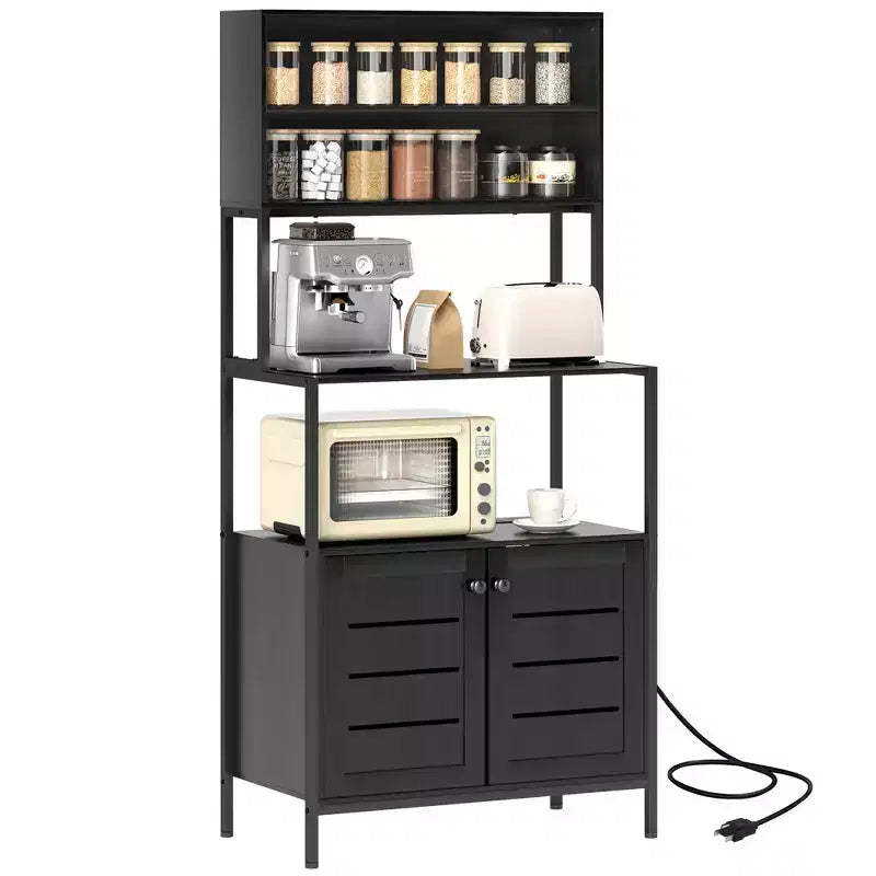 HOMCOM Baker's Rack with Power Outlet, Coffee Bar Cabinet with Storage Shelves, Microwave Stand with Louvred Door Cabinets, Black