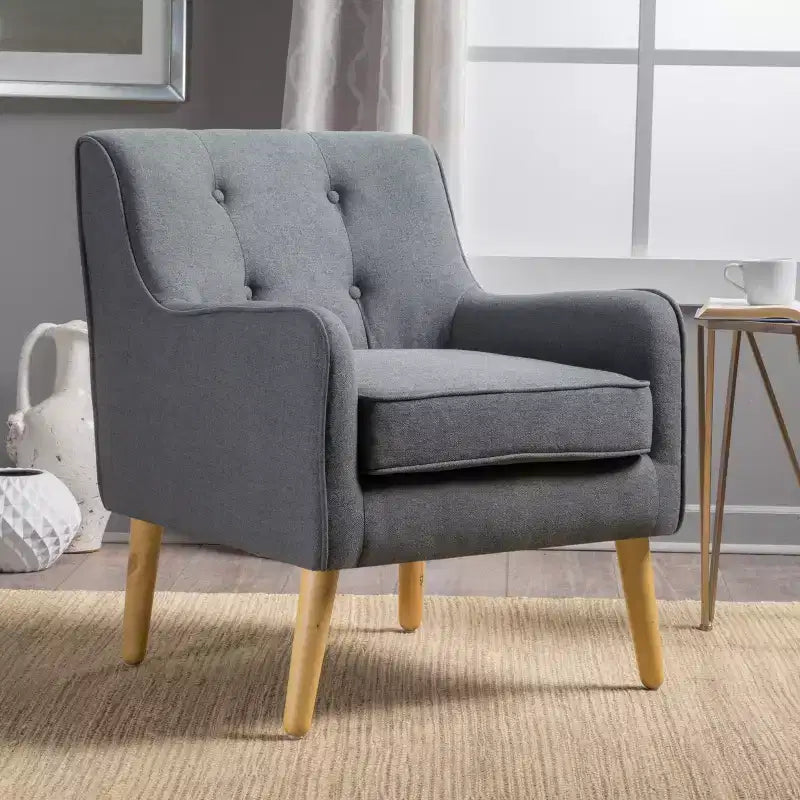 Modern Accent Chair, High Back Armchair with Wood Legs, Leisure Button Tufted Upholstered Accent Chairs, Charcoal - ModernLuxe