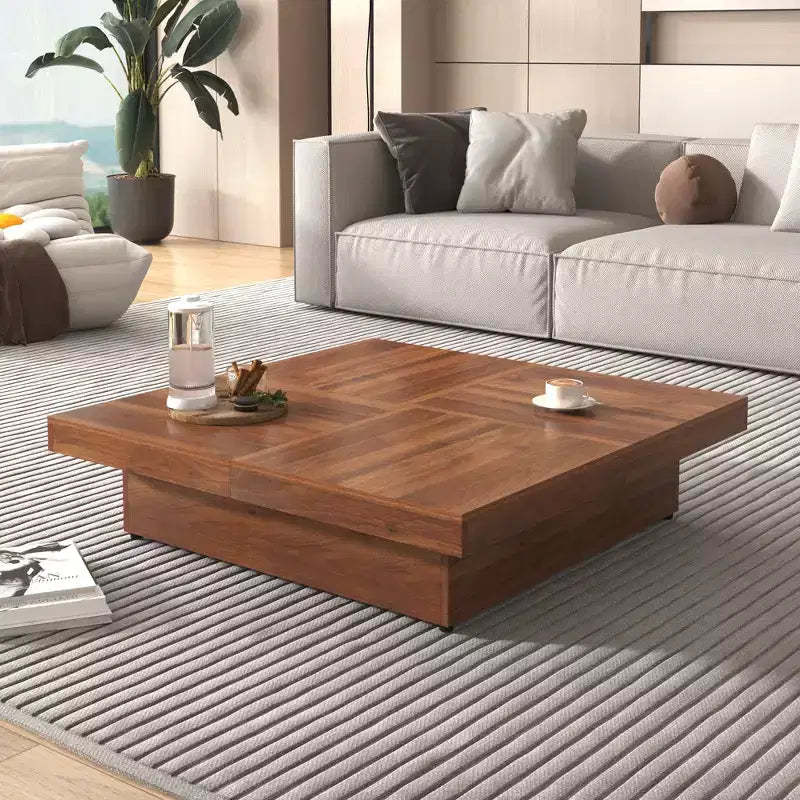 39W Square Coffee Table Cocktail Table Center Table with Sliding Top, Storage Space and White Marble Veneer/Walnut Grain Veneer-ModernLuxe