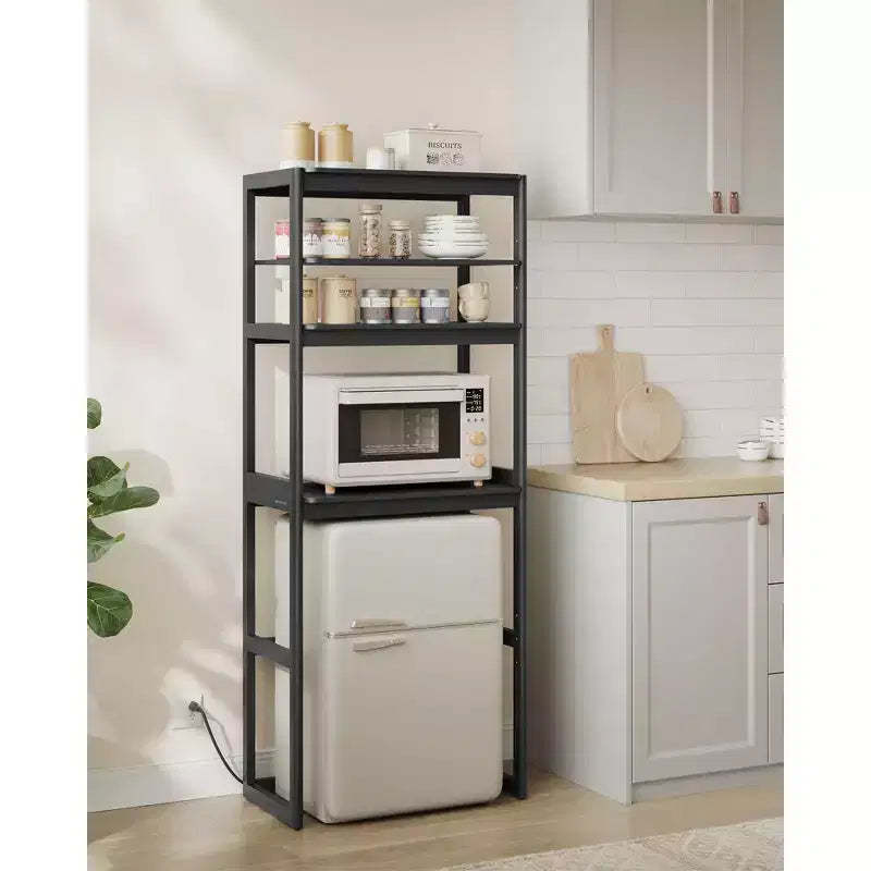 Kitchen Bakers Rack with Power Outlet, 4-Tier Coffee Bar Table with Adjustable Shelf, Mini Fridge Shelf, 15.7 x 23.6 x 66.9 Inches