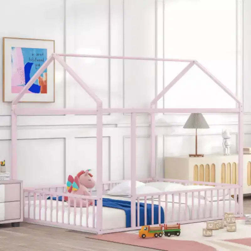 Full Size Metal Bed House Bed Frame with Fence, for Kids, Teens, Girls, Boys