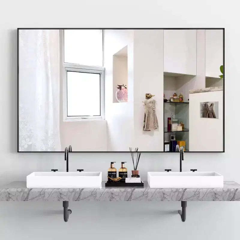 Modern Black Frame?Bathroom Mirror:?Oversized, Aluminum, Wall Mounted, Vertical/Horizontal